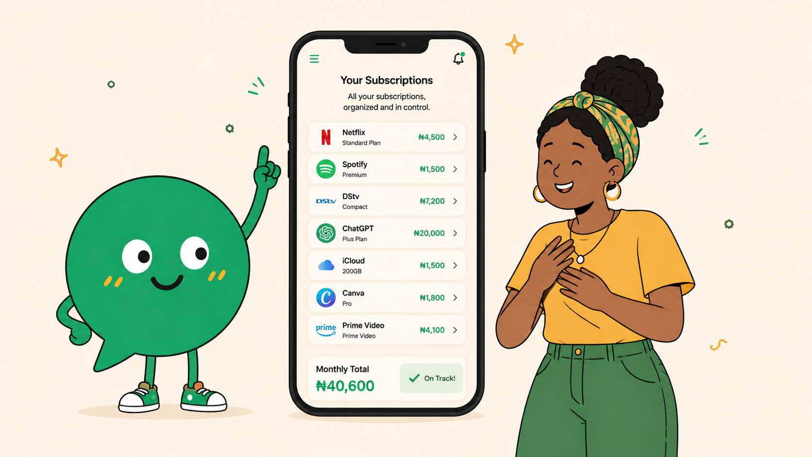 Nudge showing the full subscription list